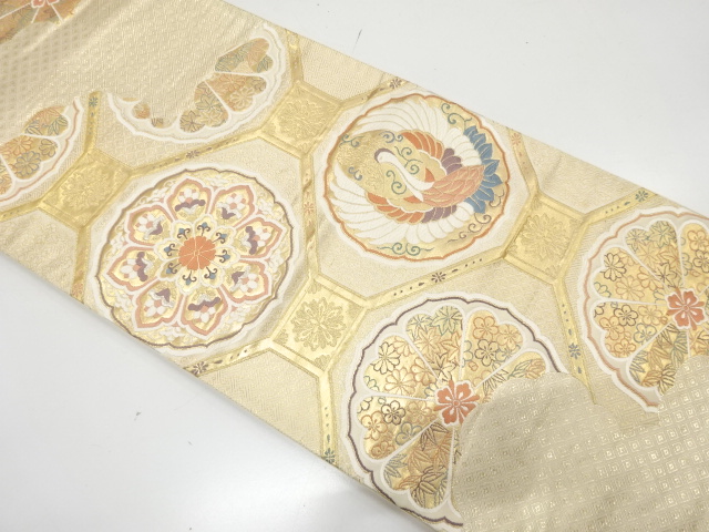 JAPANESE KIMONO / ANTIQUE FUKURO OBI / SILK / WOVEN SHOKKO & FLORAL CREST & CRANES